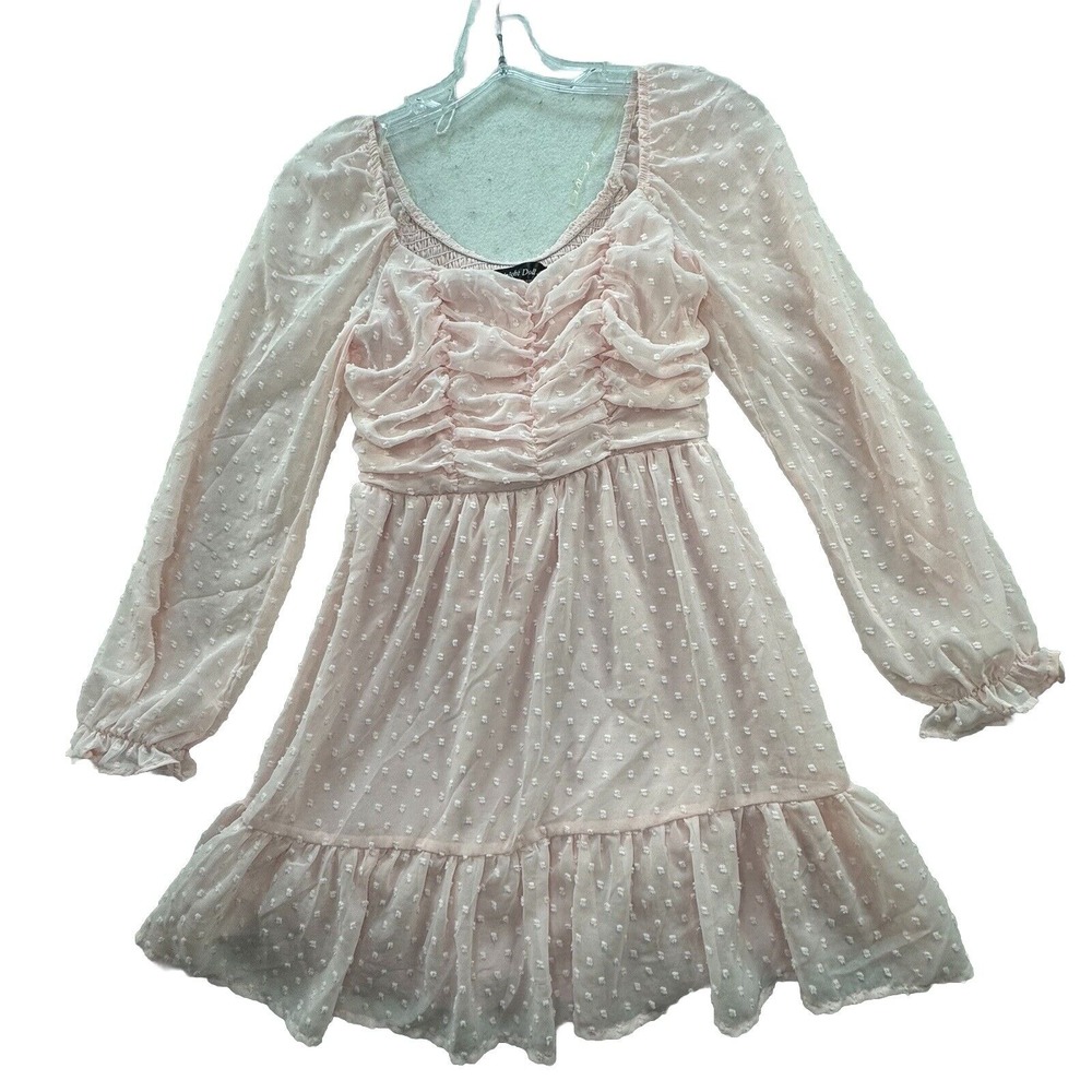 Smocked Babydoll Coquette Dress Womens XS Pink Sheer Sleeve Feminine Fairy